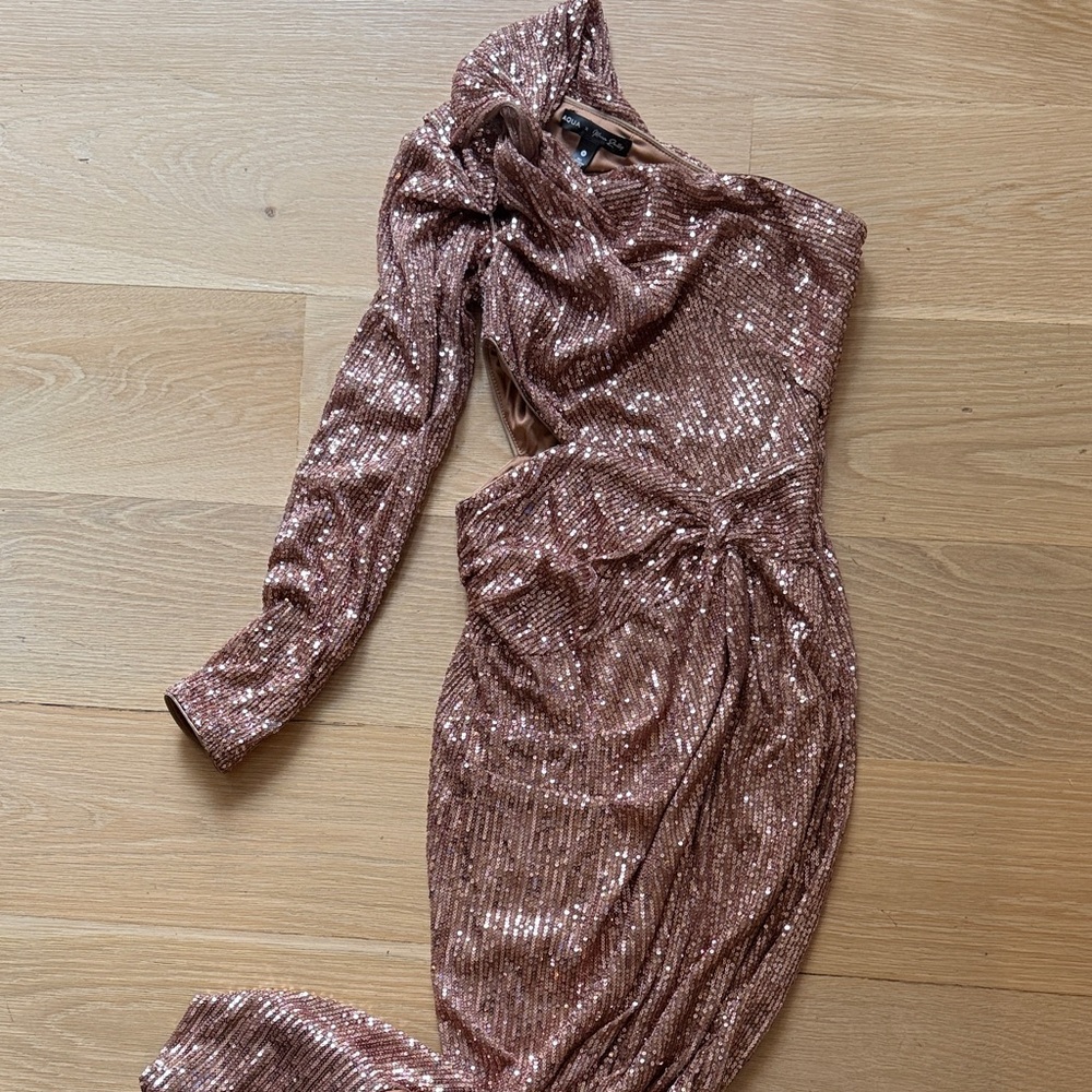Aqua Asymmetrical Sequin Dress in Bronze
